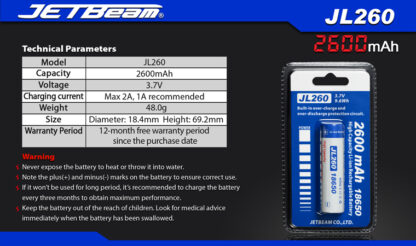 JETBeam 2600mAh 18650 Rechargeable Li-ion Battery-10064