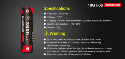 Klarus 3600mAh 18GT-36 18650 Rechargeable Battery-12478