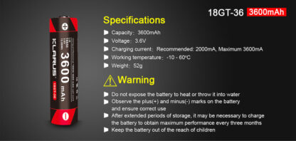 Klarus 3600mAh 18GT-36 18650 Rechargeable Battery-12478