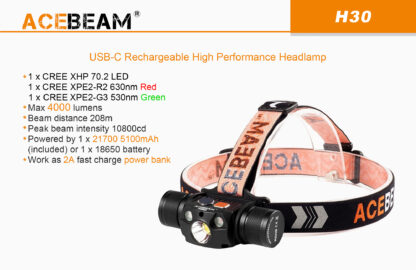 AceBeam H30 Red and Green Light 4000 lumen Rechargeable Headlamp-15150