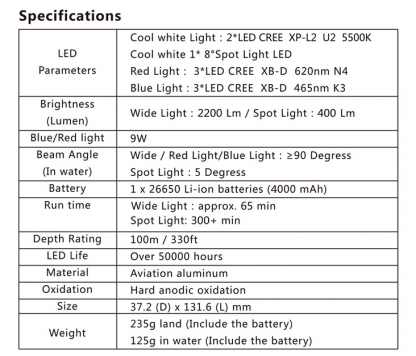 Hi-Max V17 Professional Diving Photo/Video Torch -2200 Lumens (Auto Flash LED and White/Red UV Light)-15775