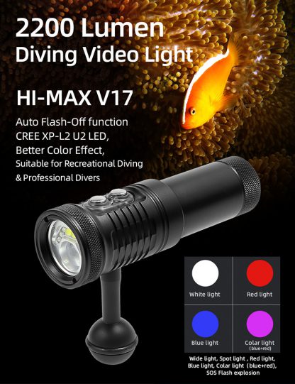 Hi-Max V17 Professional Diving Photo/Video Torch -2200 Lumens (Auto Flash LED and White/Red UV Light)-15776