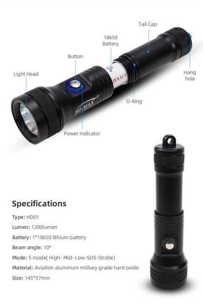 Hi-Max HD01 Rechargeable Dive Torch - 1300 Lumens (Red)-17311