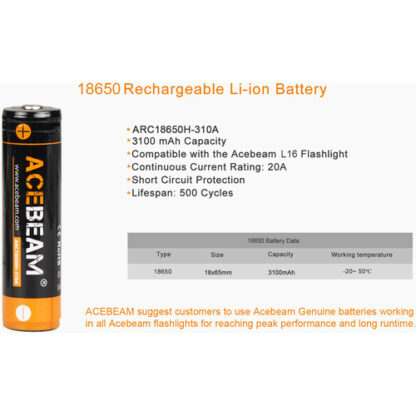 AceBeam 18650 3100mAh Protected Button Top Li-ion Cell Rechargeable Battery-19068