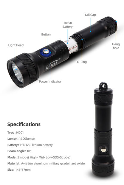 Hi-Max HD01 Rechargeable Dive Torch - 1300 Lumens (Black)-19062