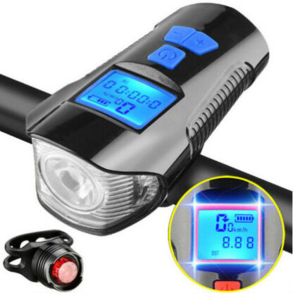 Hi-Max Rechargeable Bicycle Light with Horn and Speedometer, and 3V Rear Tail Light-20312