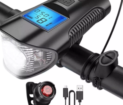 Hi-Max Rechargeable Bicycle Light with Horn and Speedometer, and 3V Rear Tail Light-20328