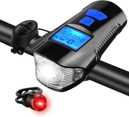 Hi-Max Rechargeable Bicycle Light with Horn and Speedometer, and 3V Rear Tail Light-0