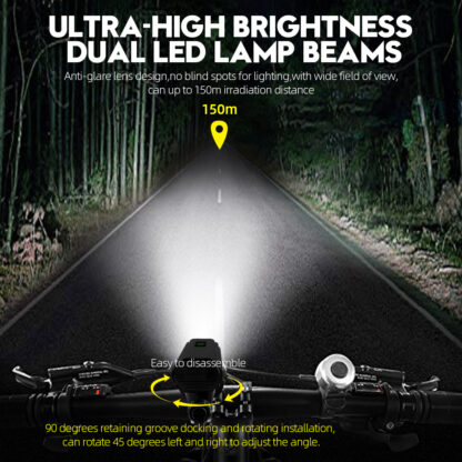 Hi-Max Rechargeable Bicycle Headlight (1800 Lumens) and Tail Light Set-20220