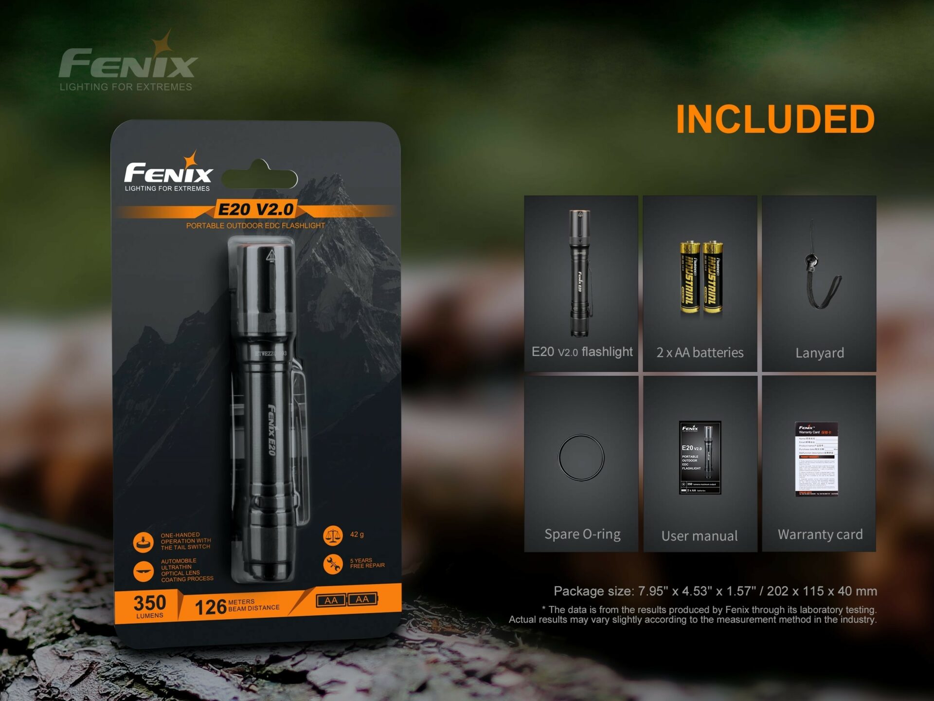 Fenix E20 V2.0 Compact 2AA Flashlight - 350 Lumens