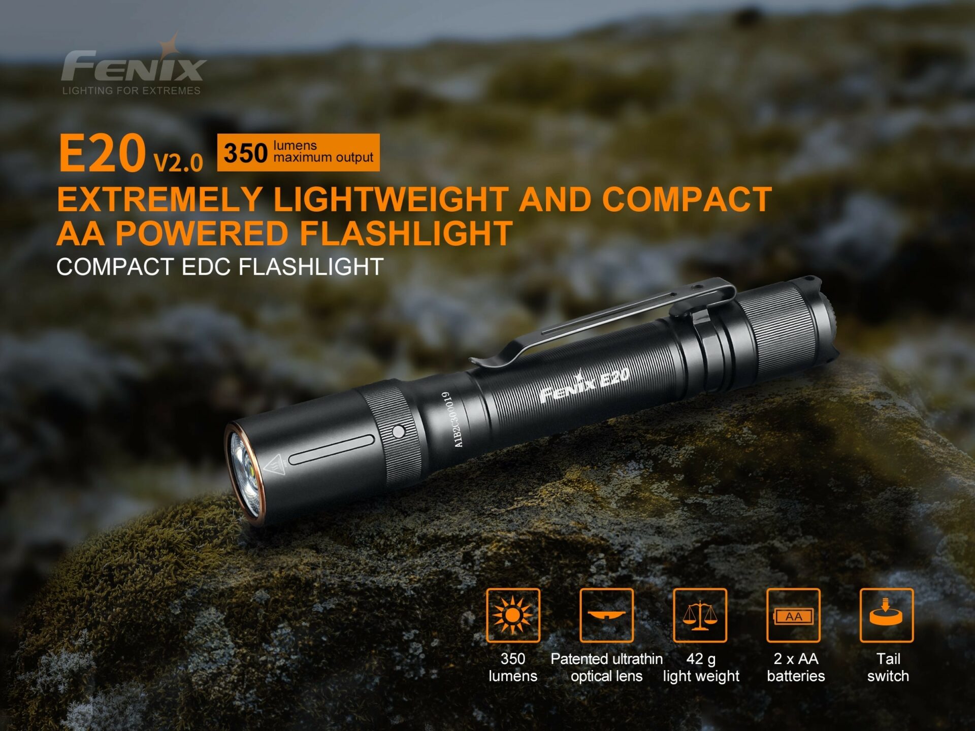 Fenix E20 V2.0 Compact 2AA Flashlight - 350 Lumens