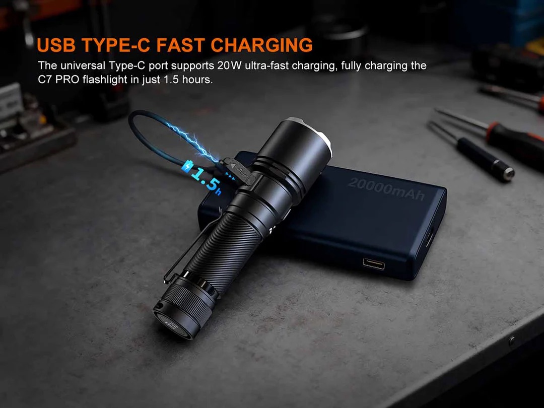 USB Type-C fast charging setup: a flashlight connected to a 20,000mAh power bank to show rapid charging (1.5 hours).