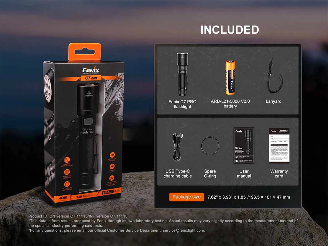 Promotional image showing a boxed Fenix C7 Pro flashlight with an ‘Included’ panel listing accessories (battery, lanyard, USB-C cable, spare O‑ring, user manual, warranty card).