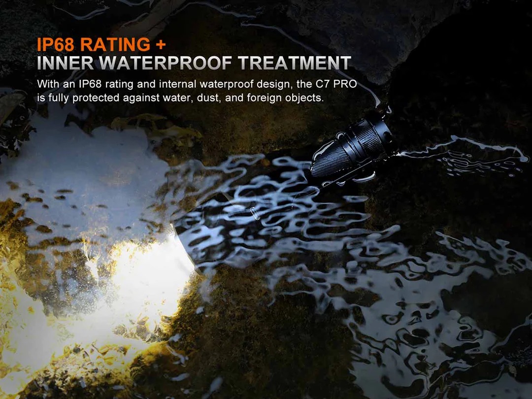 Flashlight submerged in water with rippling reflections and the headline 'IP68 Rating + Inner Waterproof Treatment' text overlay, highlighting rugged waterproof design.