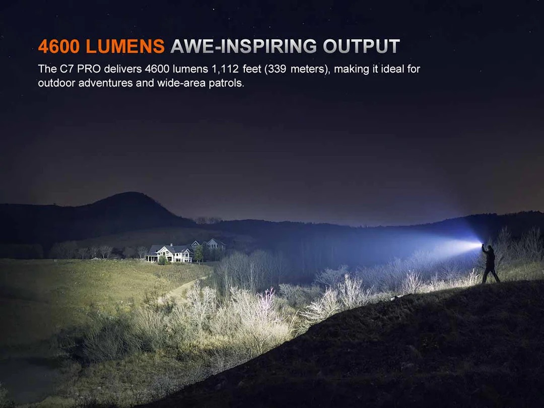 Night landscape with a person shining a bright flashlight toward a distant house across a field.