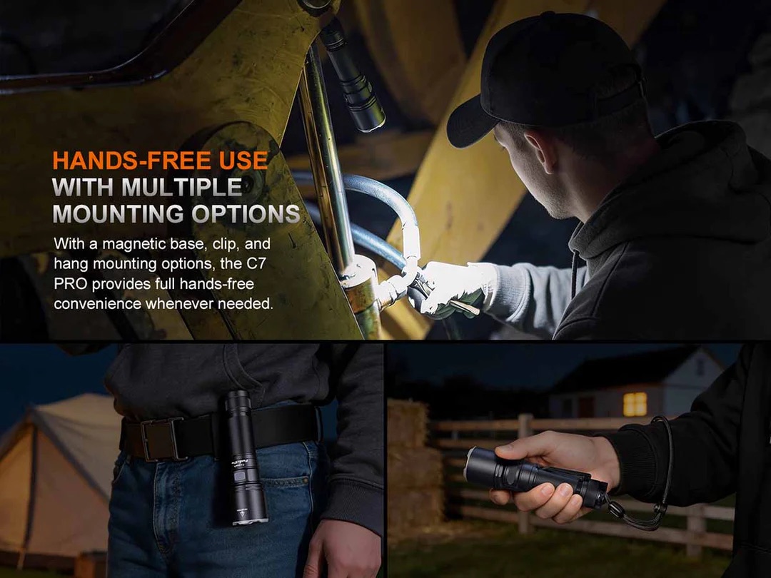 Hands-free flashlight with multiple mounting options in use during a night work scene (industrial setting).