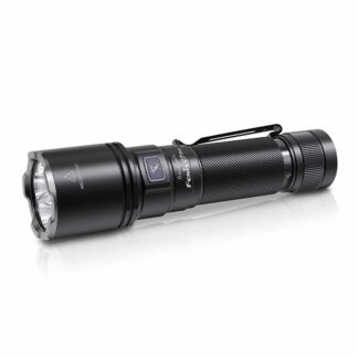 Black tactical flashlight with textured grip and metal clip on a white background.