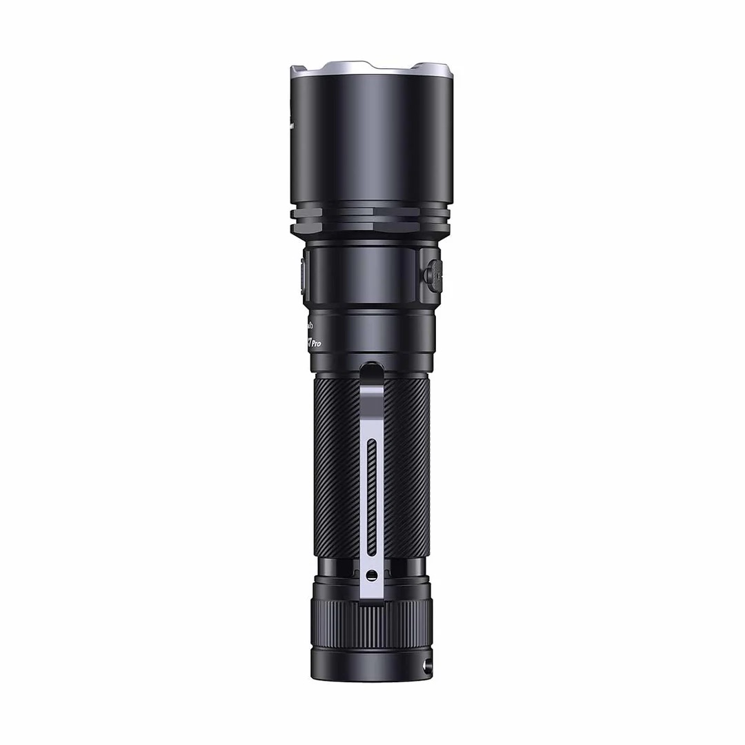 Black tactical flashlight with knurled grip and adjustable head against a white background.