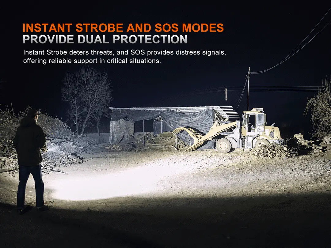 Nighttime construction site with a person watching a loader; large orange headline reads 'INSTANT STROBE AND SOS MODES PROVIDE DUAL PROTECTION' and the subtext explains the safety features: instant strobe and SOS signals.