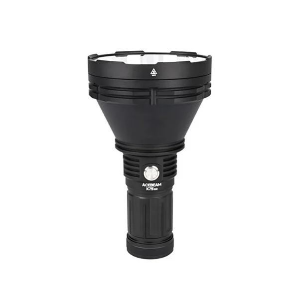 High-power handheld flashlight with a wide, conical head and textured grip in black.