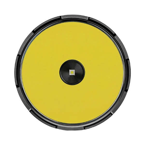 Circular yellow LED work light with a black outer housing and small central LED square.