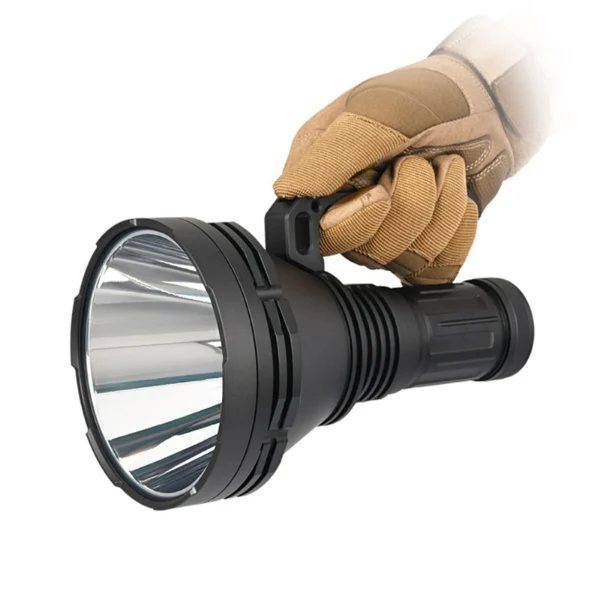 Gloved hand gripping a large black tactical flashlight, angled forward