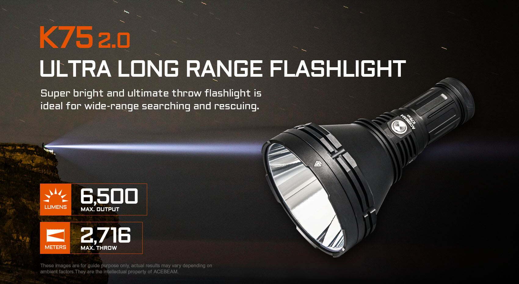 Ultra long-range flashlight ad: K75 2.0 with 6,500-lumen output and 2,716 m throw, shown with a beam to the left.
