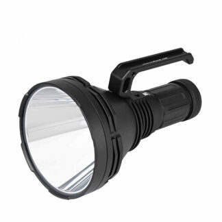 Handheld spotlight with a large circular lens and a top-mounted ergonomic handle for carrying light beams far ahead.