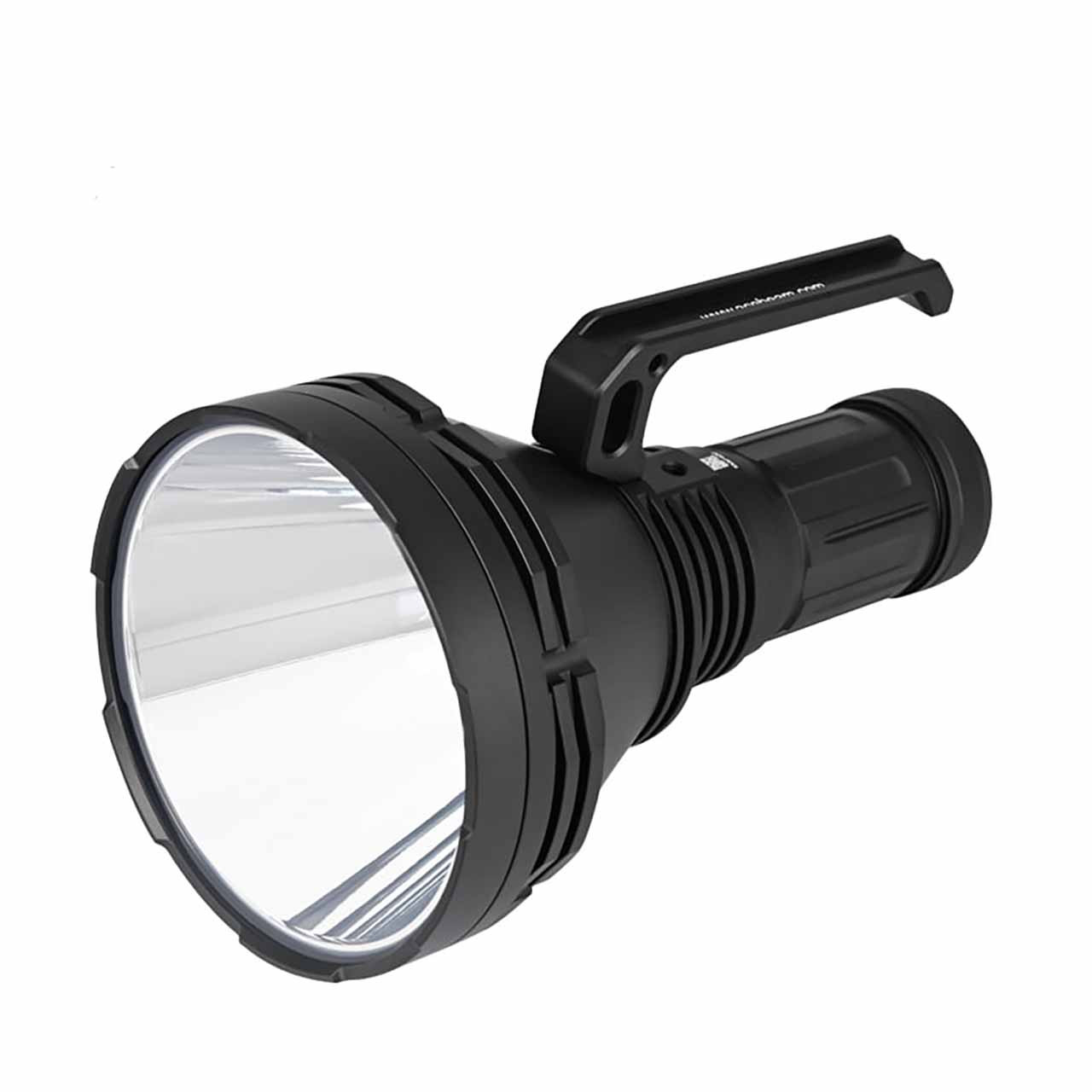 Handheld spotlight with a large circular lens and a top-mounted ergonomic handle for carrying light beams far ahead.
