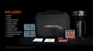 Image shows the ACEBEAM IK75 2.0 kit contents: case, batteries, manuals, rings, lanyard, and accessories laid out beside the bag and flashlight.