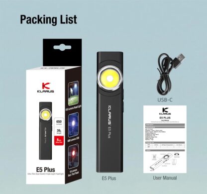 Klarus E5 Plus Rechargeable EDC Tool Light with Magnetic Base - 650 Lumens, 32 Metres