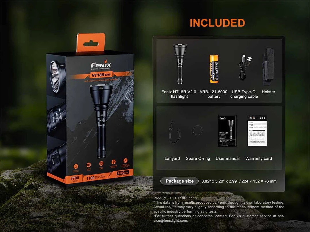 Fenix HT18R V2.0 Rechargeable Long Range Flashlight - 3700 Lumens, 1100 Metres