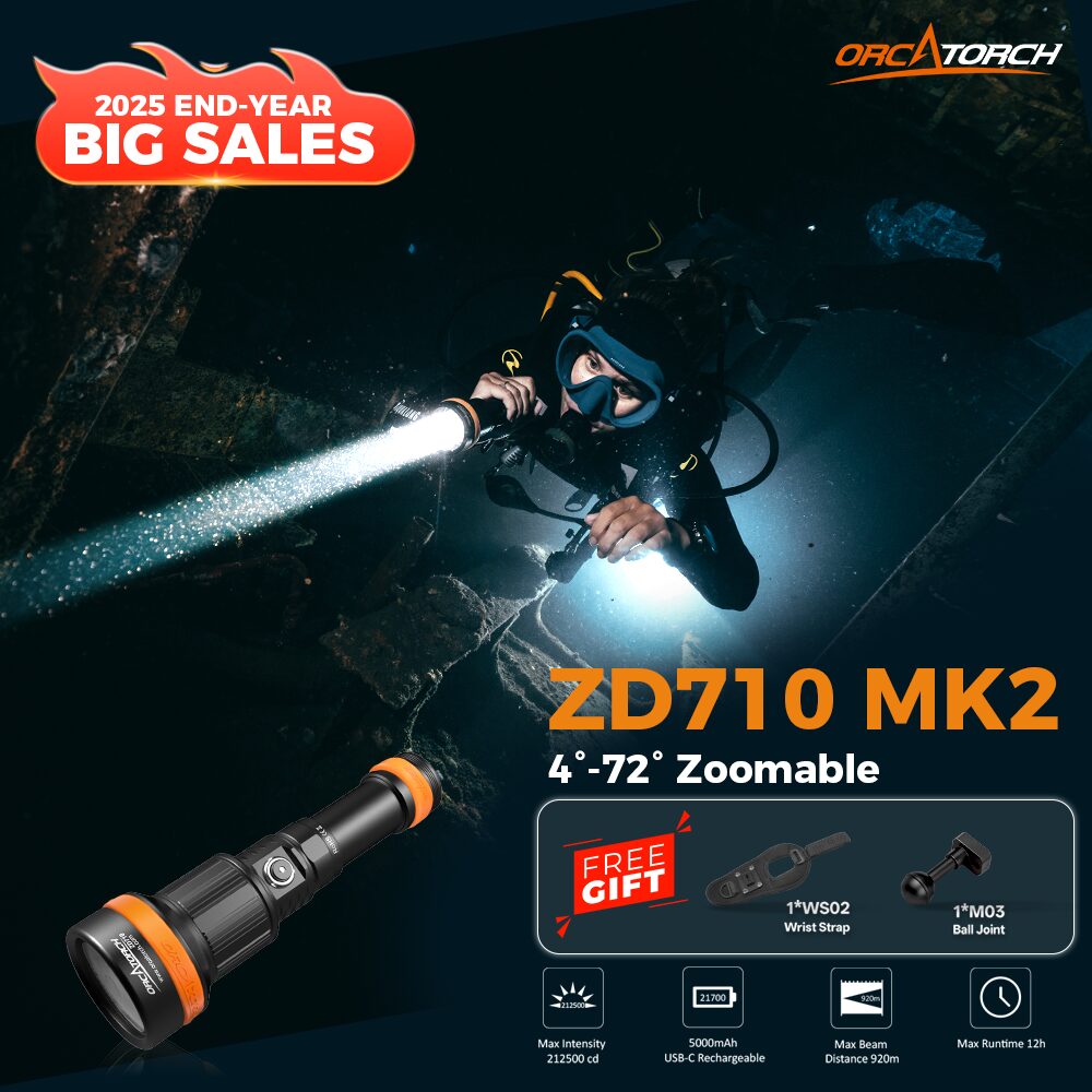 OrcaTorch ZD710 MK2 Zoomable Diving Light - 1500 Lumens, 150 Metres Diving Depth