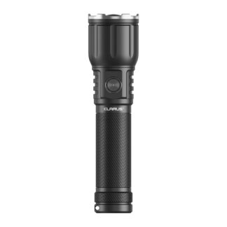 Front view of a black Klarus flashlight head with a crenulated bezel and grooved body, centered on white background