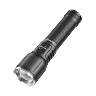 Black tactical flashlight with a knurled grip, side control button, and silver/bezel at the head, angled diagonally.