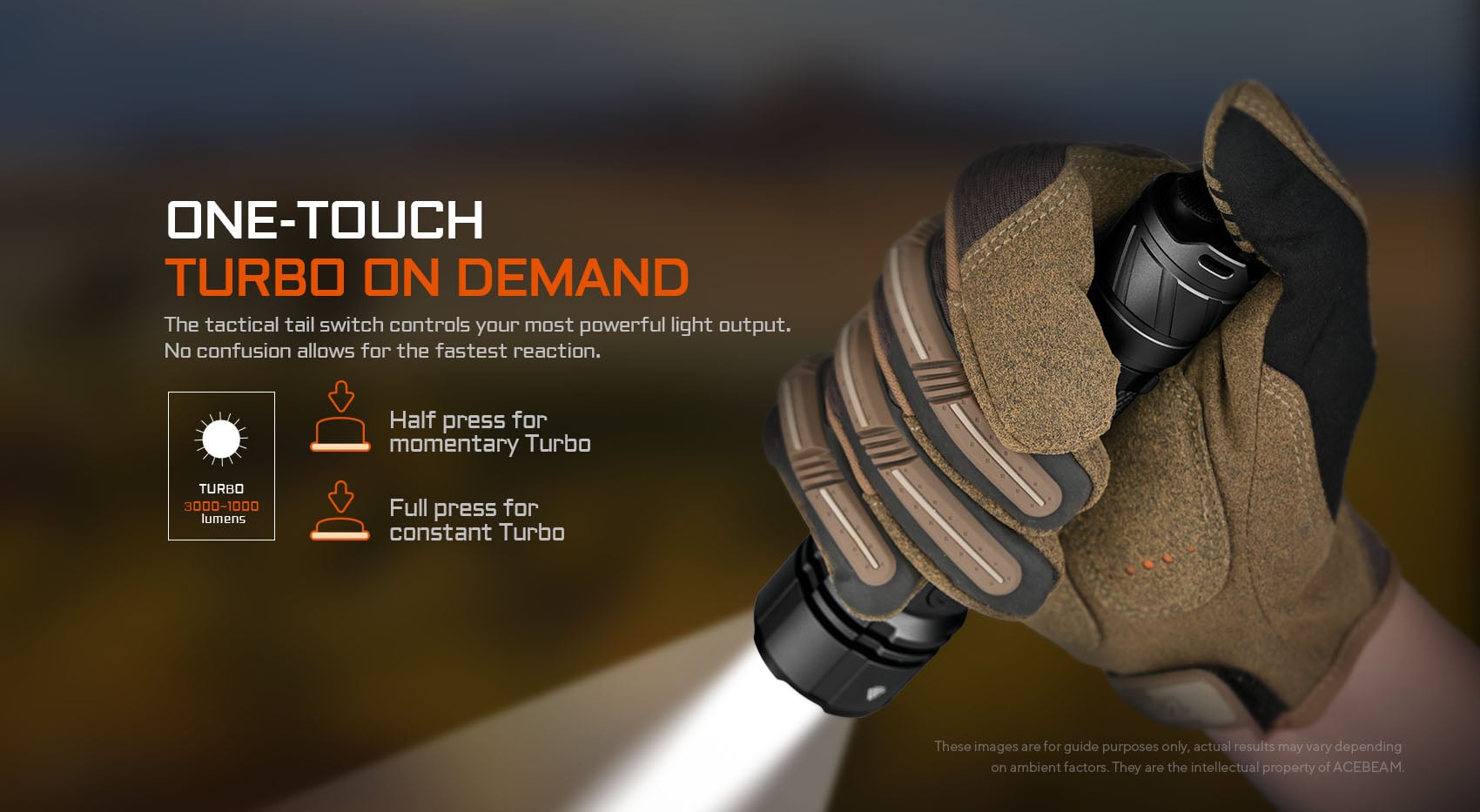 AceBeam L16 2.0 Rechargeable Compact Tactical Flashlight - 3000 Lumens, 713 Metres (Desert)