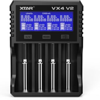 XTAR VX4 V2 four-slot battery charger with a blue backlit LCD display showing battery status and voltages.