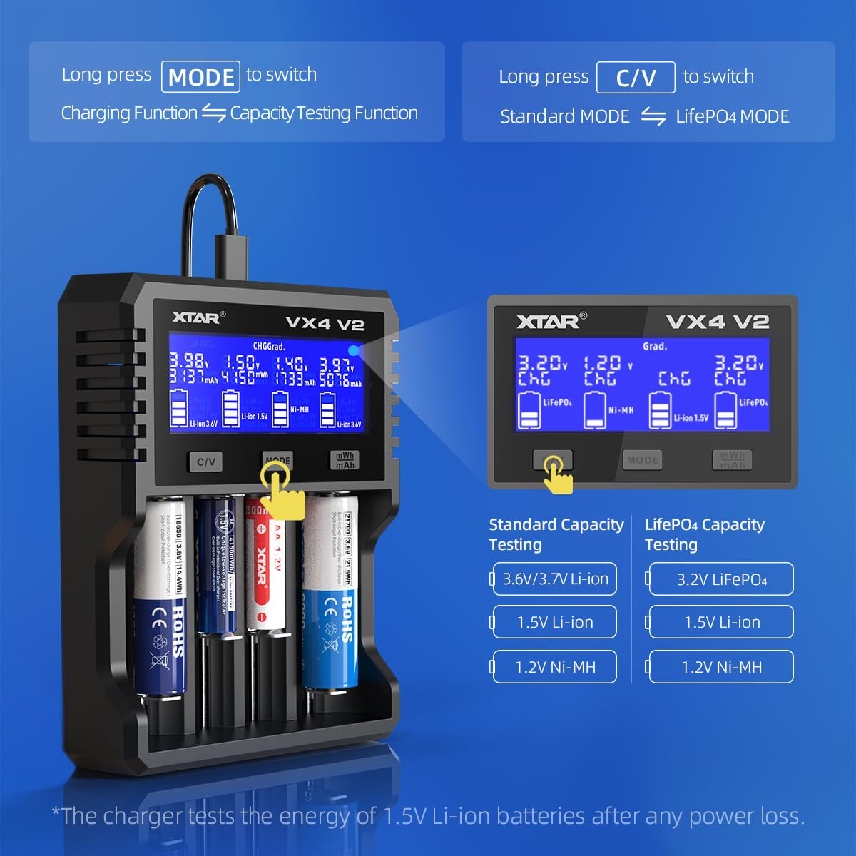 XTAR VX4 V2 multi-bay battery charger with four slots and blue display panels showing battery status and modes.