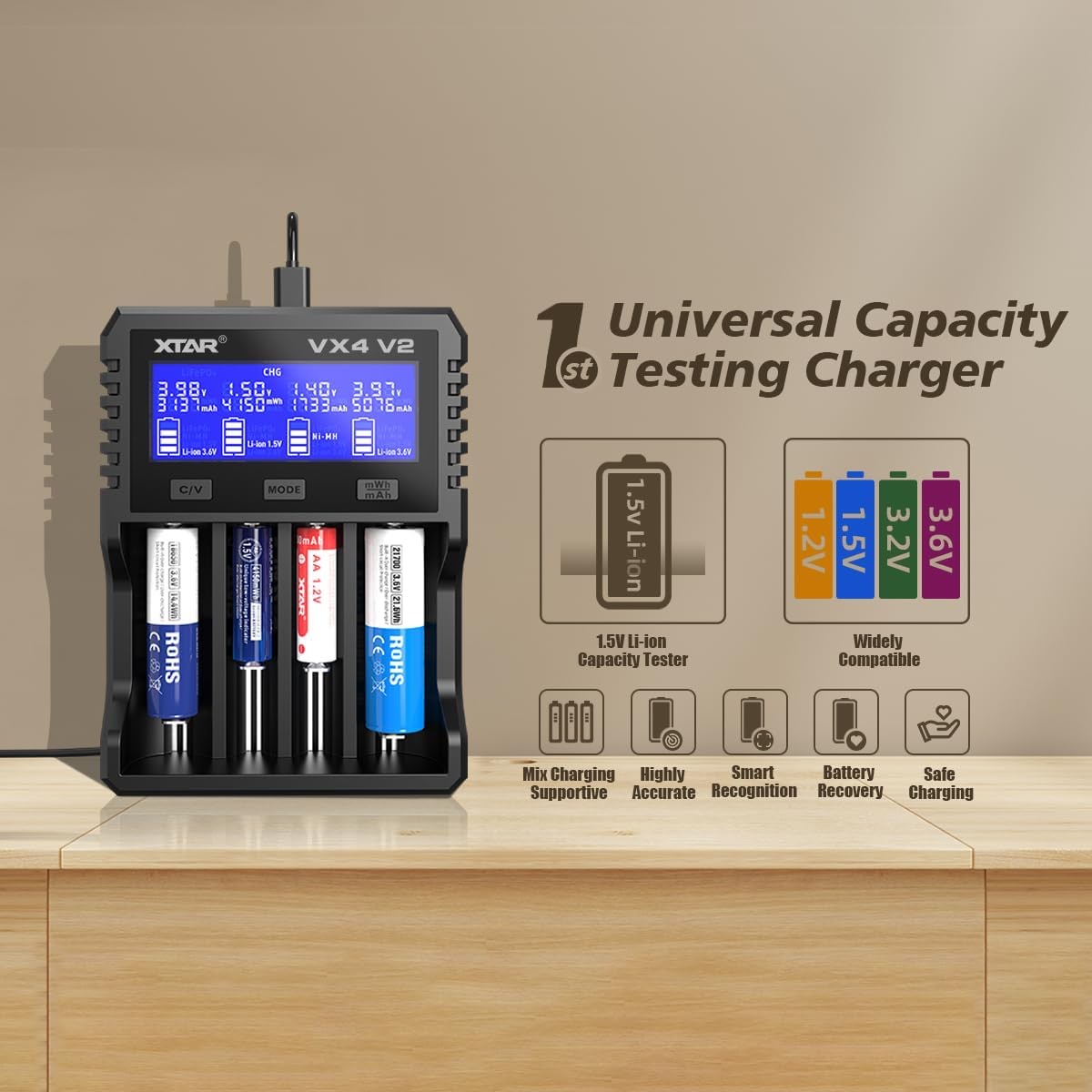 XTAR VX4 V2 four-bay battery charger with four batteries loaded, blue LCD screen lit, on a wooden table.