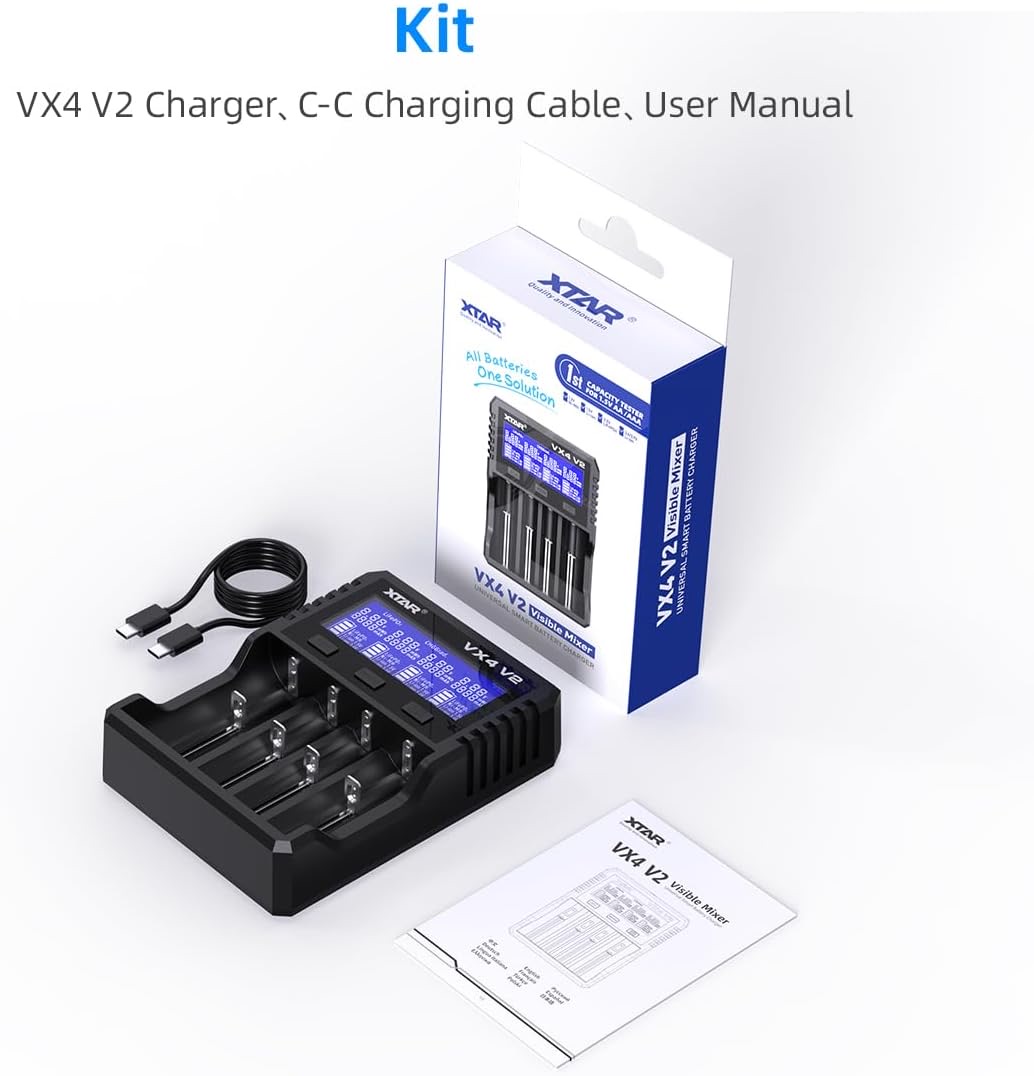 VX4 V2 charger kit with a 4-bay charger, USB-C charging cable, and user manual beside the box
