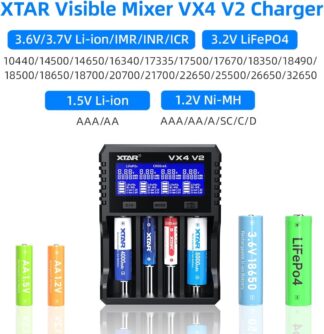 XTAR VX4 V2 multi-bay battery charger with LCD display and AA/AAA/18650 batteries inserted, charging various chemistries (Li-ion, Ni-MH, LiFePO4).