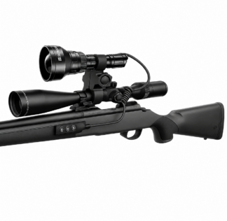 Black sniper rifle with a mounted scope, shown from the side on a white background.