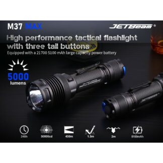 JETBeam M37 Max Rechargeable Triple Switch Tactical Flashlight - 5000 Lumens, 450 Metres