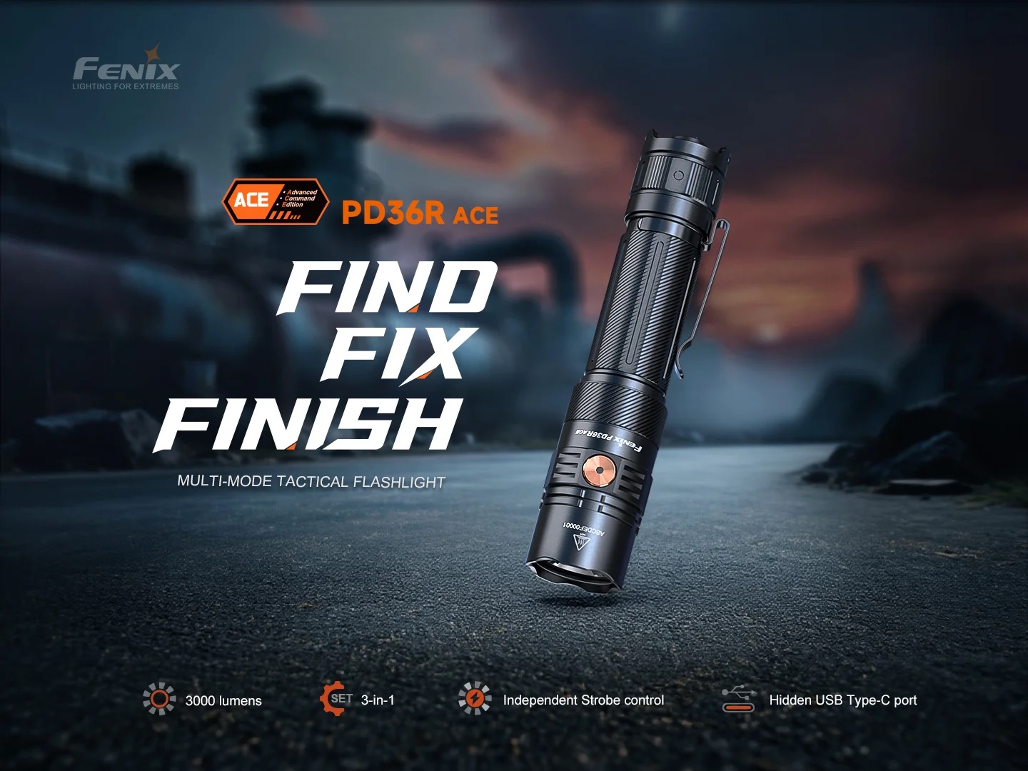 Fenix PD36R ACE LED USB-C Rechargeable Flashlight - 3000 Lumens, 415 Metres