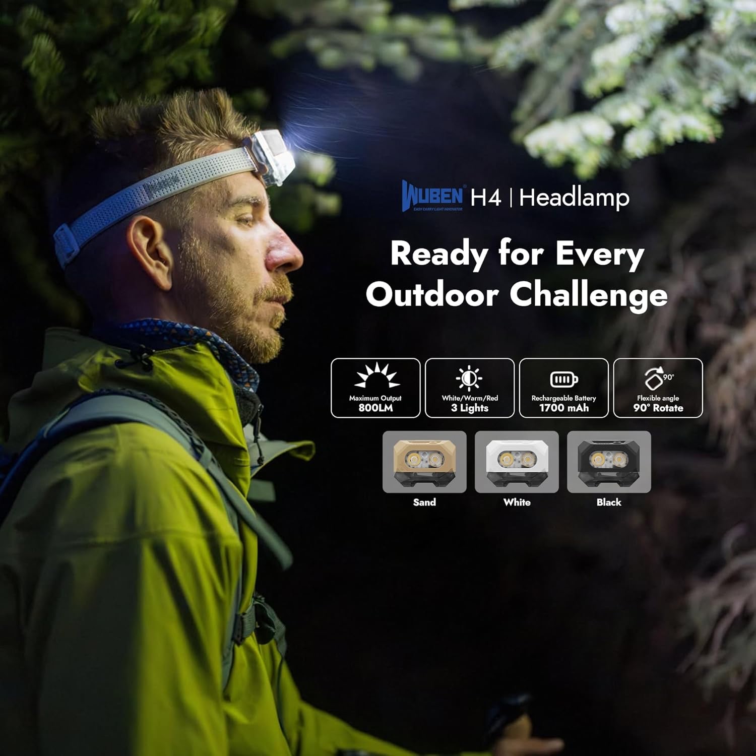 Wuben H4 Rechargeable Multi-Function Headlamp – 800 Lumens, 66 Metres (Black)