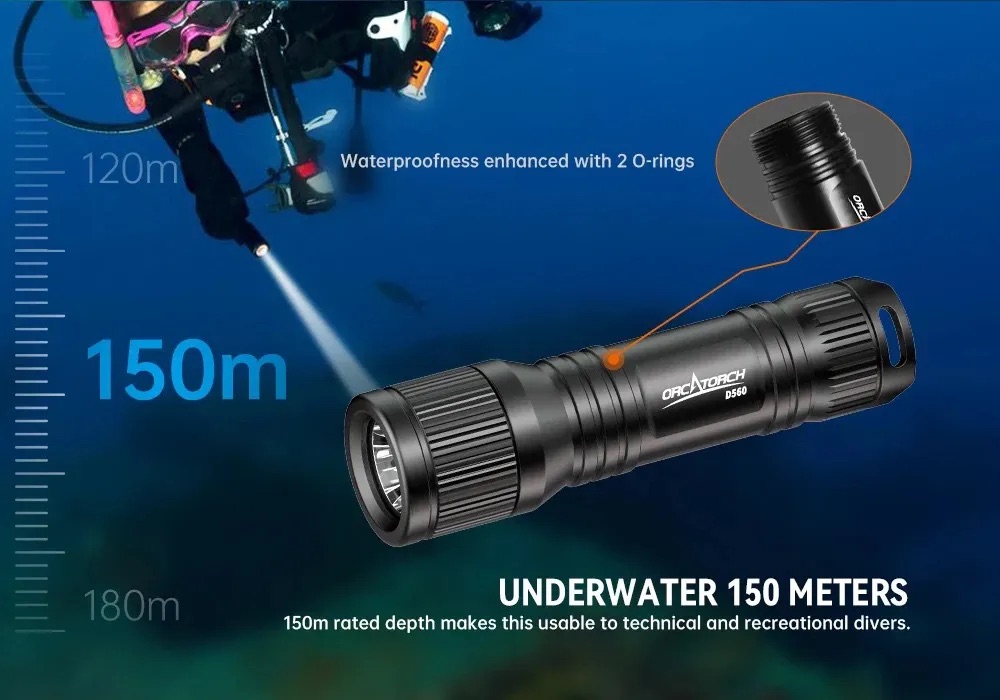 OrcaTorch D560 Mini Backup Diving Light - 700 Lumens, 134 Metres - BLUE