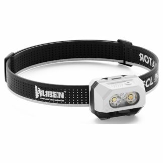Black adjustable headlamp with two front-facing LEDs and a perforated strap for secure wear.