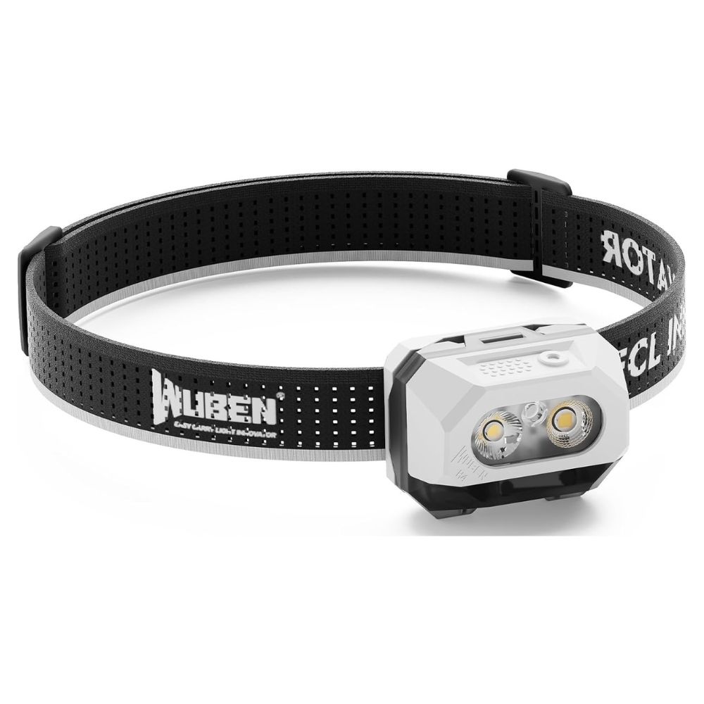 Black adjustable headlamp with two front-facing LEDs and a perforated strap for secure wear.