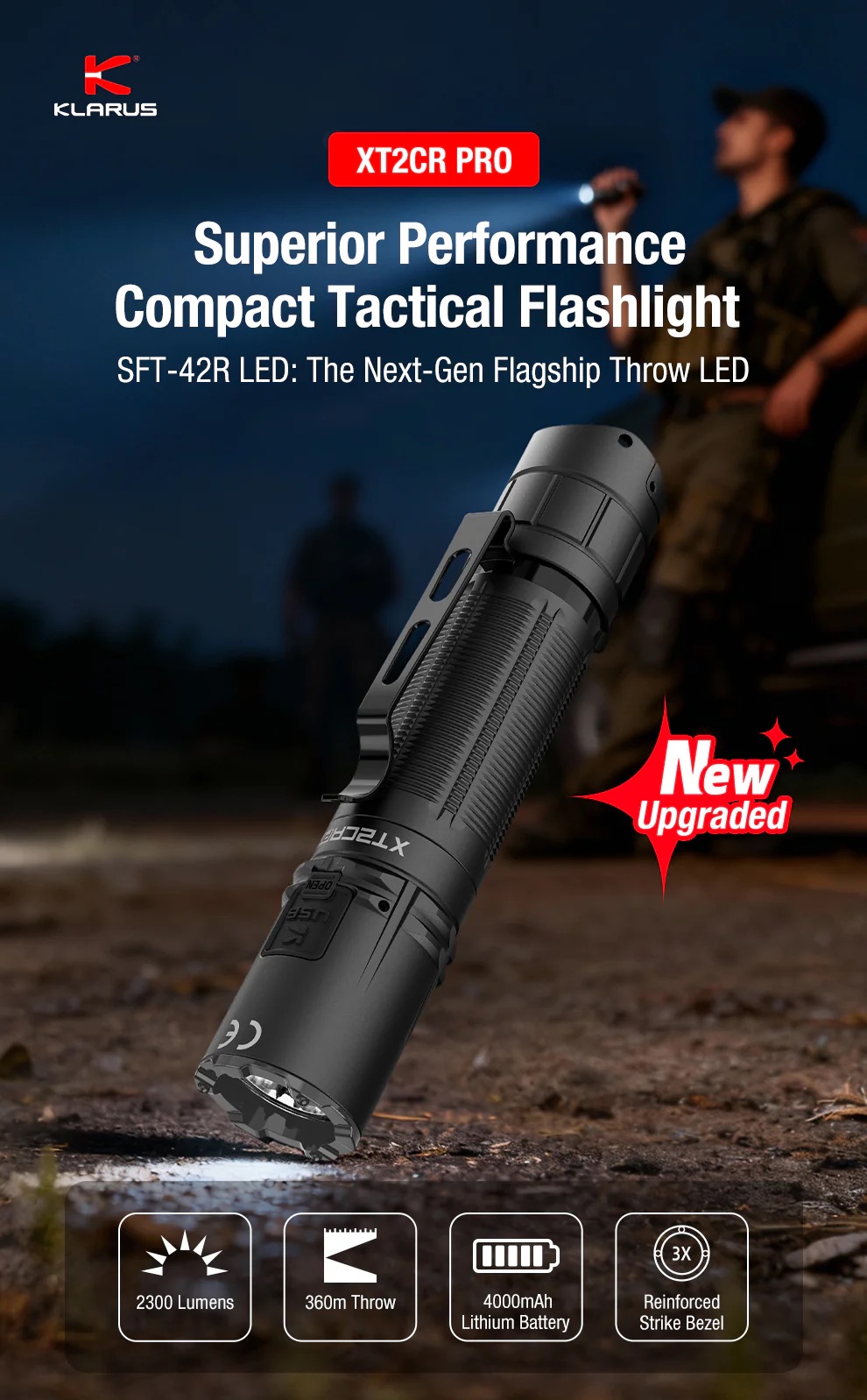 Klarus XT2CR PRO Rechargeable Pocket Flashlight – 2300 Lumens, 360 Metres – Black (NEW 2025 MODEL)
