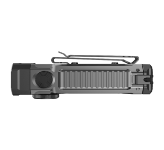 Close-up of a gray semi-automatic pistol with a top tactical rail and textured grip.